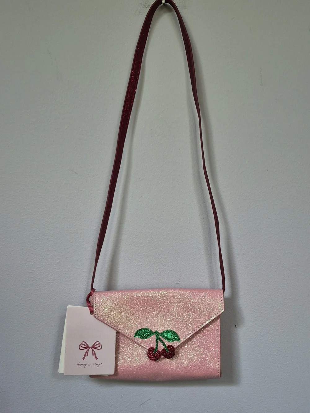 Konges Slojd Love Letter Girls' Pink Glitter Sparkle Cherry Crossbody Micro Bag